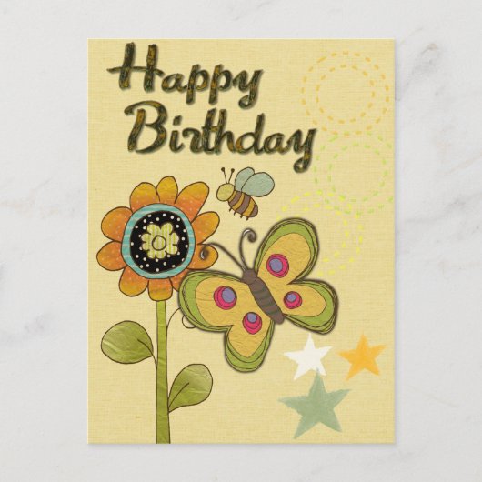 Happy Birthday Flower Butterfly Bee Natuur Briefkaart (Voorkant)