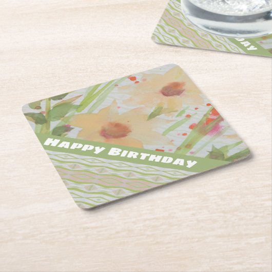 Happy Birthday Flowered Onderzetter (Schuin)