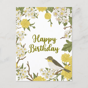 Happy Birthday Flowers en Bird Natuur Botanical Briefkaart