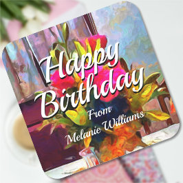 Happy Birthday Flowers PM0001 Vierkante Sticker