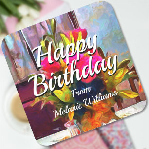 Happy Birthday Flowers PM0001 Vierkante Sticker