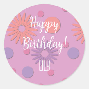 Happy Birthday Flowers & Polka Dots Ronde Sticker