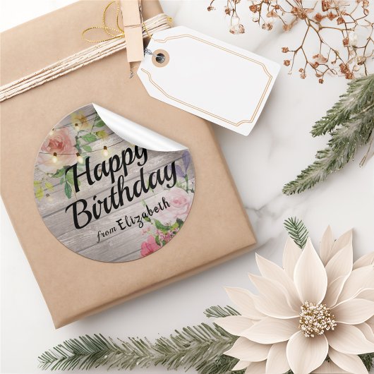 Happy Birthday Flowers Rustic Wood String Lights Ronde Sticker