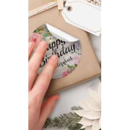 Happy Birthday Flowers Rustic Wood String Lights Ronde Sticker