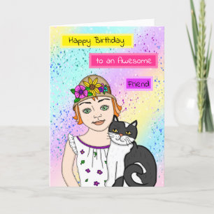 Happy Birthday Folk Art Girl en Cat Kaart