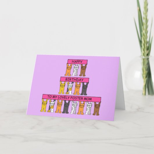 Happy Birthday Foster Mom Cartoon Cats Kaart (Voorkant)