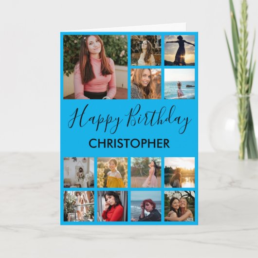Happy Birthday Foto Collage 13 Foto's Blue Kaart (Voorkant)