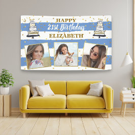 Happy Birthday Foto Collage Blue Gold Dot op elke  Spandoek