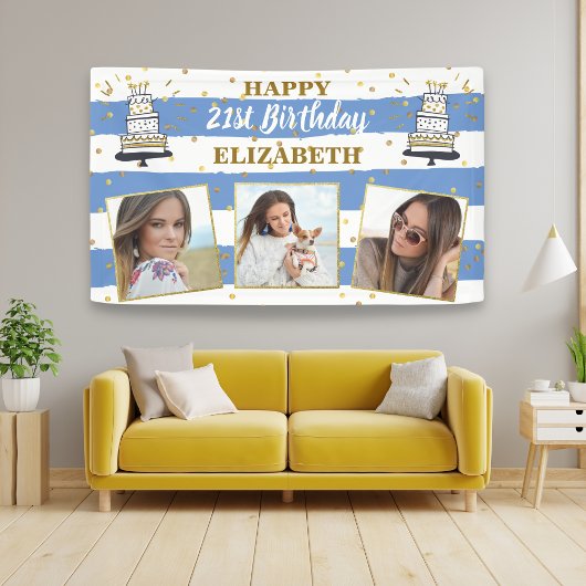 Happy Birthday Foto Collage Blue Gold Dot op elke  Spandoek