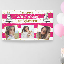 Happy Birthday Foto Collage Pink Gold Dot op elke  Spandoek