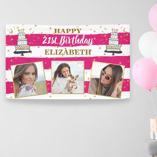 Happy Birthday Foto Collage Pink Gold Dot op elke  Spandoek