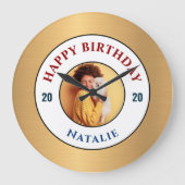 Happy Birthday Foto Gold Elegant personaliseer Grote Klok (Voorkant)