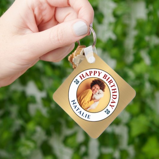 Happy Birthday Foto Gold Elegant personaliseer Sleutelhanger (Hand)