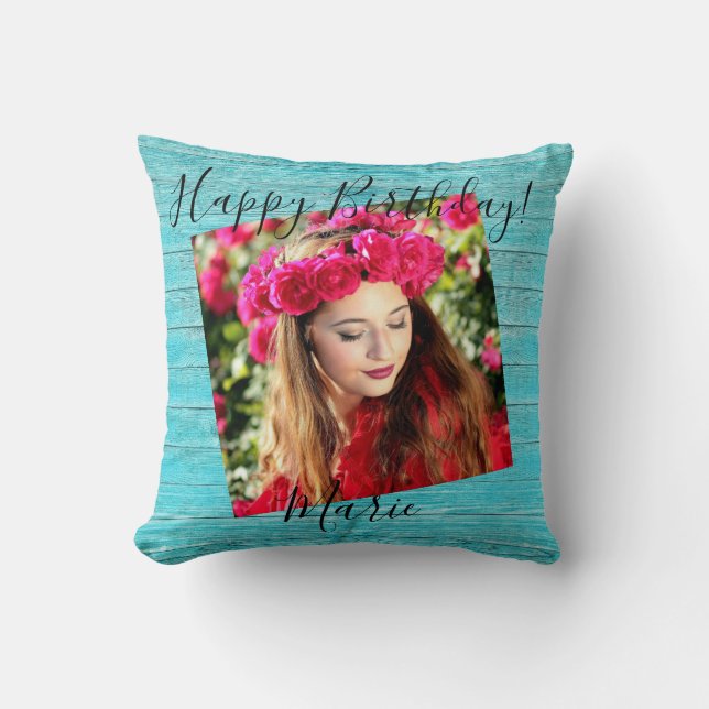 Happy Birthday Foto Rustic Blue Wood Sierkussen (Voorkant)