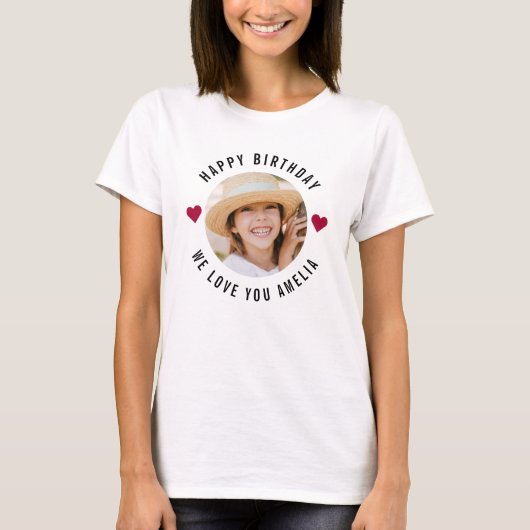 Happy Birthday Foto Trendy Chic Modern Hearts T-shirt (Voorkant)