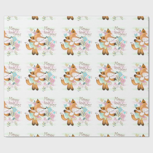 Happy Birthday Fox en Flowers Cadeaupapier (Vlak)