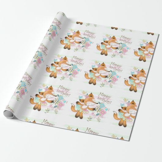 Happy Birthday Fox en Flowers Cadeaupapier (Uitgerold)