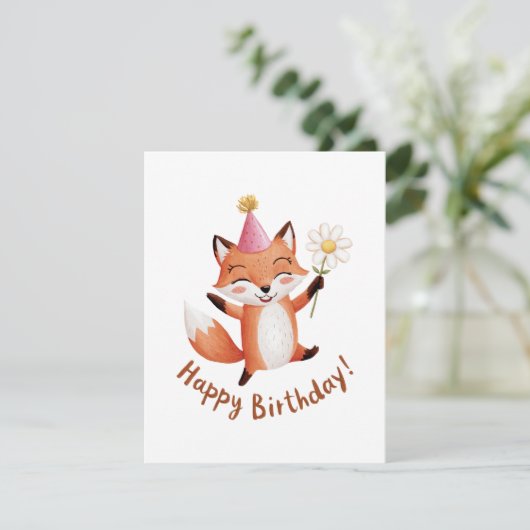 Happy Birthday Fox met Daisy en Party Pet Feestdagenkaart (Staand voorkant)
