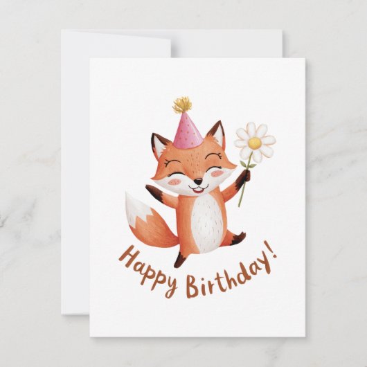 Happy Birthday Fox met Daisy en Party Pet Feestdagenkaart (Voorkant)