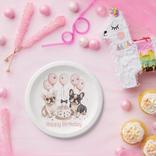 Happy Birthday Franse Bulldogs Verjaardagstaart Ro Papieren Bordje (Feest)