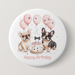 Happy Birthday Franse Bulldogs Verjaardagstaart Ro Ronde Button 7,6 Cm