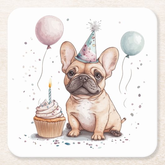 Happy Birthday French Bulldog Kartonnen Onderzetters (Voorkant)