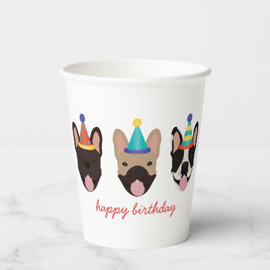 Happy Birthday French Bulldog Party Petten Red Papieren Bekers (Achterkant)