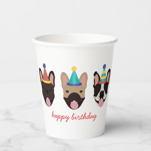 Happy Birthday French Bulldog Party Petten Red Papieren Bekers (Voorkant)
