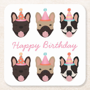Happy Birthday French Bulldog Party Petten Roze Kartonnen Onderzetters
