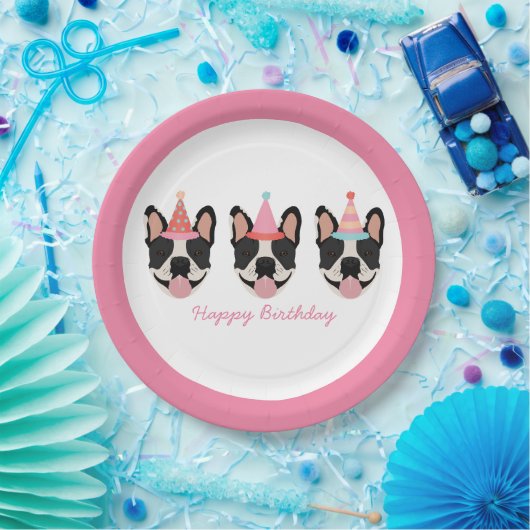Happy Birthday French Bulldog Party Petten Roze Papieren Bordje (Feest)