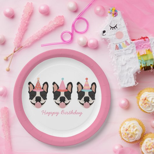 Happy Birthday French Bulldog Party Petten Roze Papieren Bordje (Feest)