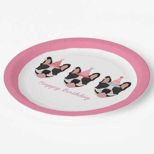 Happy Birthday French Bulldog Party Petten Roze Papieren Bordje (Gekanteld)