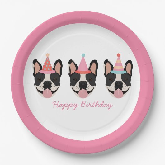 Happy Birthday French Bulldog Party Petten Roze Papieren Bordje (Voorkant)
