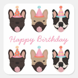 Happy Birthday French Bulldog Party Petten Roze Vierkante Sticker