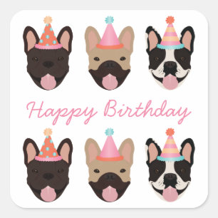 Happy Birthday French Bulldog Party Petten Roze Vierkante Sticker