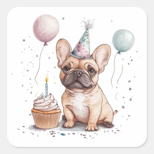Happy Birthday French Bulldog Vierkante Sticker (Voorkant)