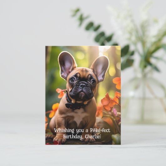Happy Birthday Frenchie puppy in een oerwoud Briefkaart (Staand voorkant)