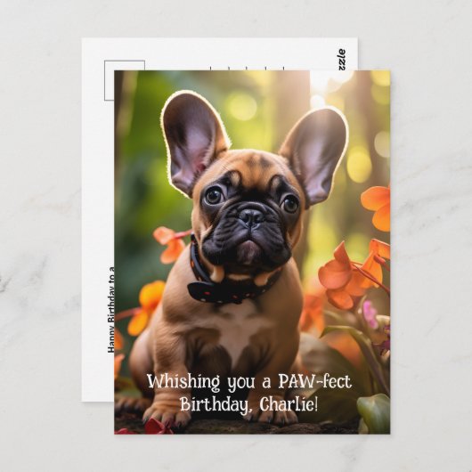Happy Birthday Frenchie puppy in een oerwoud Briefkaart (Voorkant / Achterkant)