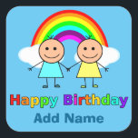 Happy Birthday Friend gepersonaliseerd Vierkante Sticker<br><div class="desc">Fun verjaardagssticker. Hemelblauwe achtergrond met een grote heldere kleurrijke regenboog met twee vloeiende wolken. Op de voorgrond houden twee beste vrienden handen. Eén met een blauwe, gele, met een grote glimlach. Onder de twee vrienden staan de woorden "Happy Birthday" in gekleurde tekst. Onderaan is er ruimte om een naam toe...</div>