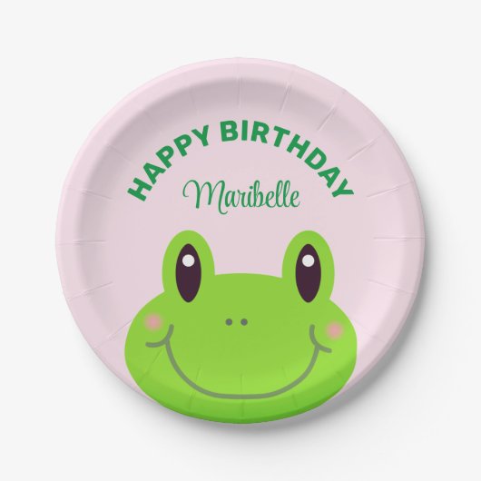 Happy Birthday Frog Cute Pink Papieren Bordje (Voorkant)