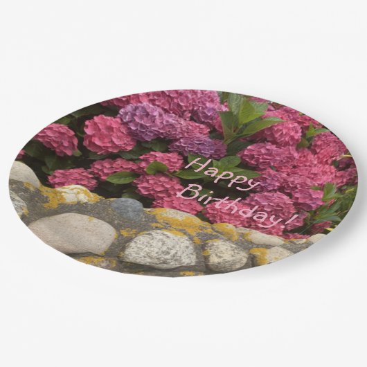 Happy Birthday Fuchsia Hydrangea Papieren Bordje (Gekanteld)