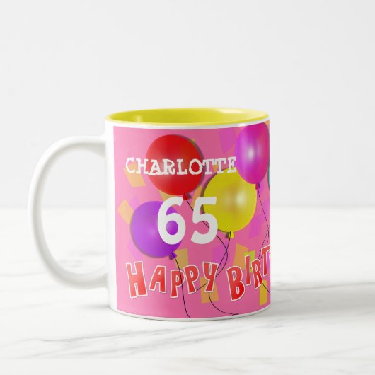 Happy Birthday Fun 65th Milestone Persoonlijk Twee Tweekleurige Koffiemok (Links)