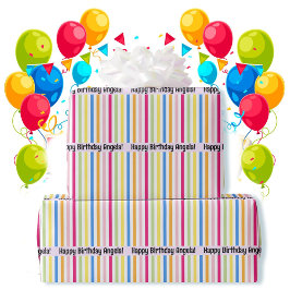 Happy Birthday Fun Cheerful Stripes Voeg naam toe Cadeaupapier