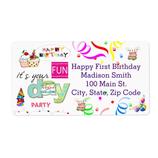 Happy Birthday FUN Cupcake Adreslabel Etiket (Voorkant)