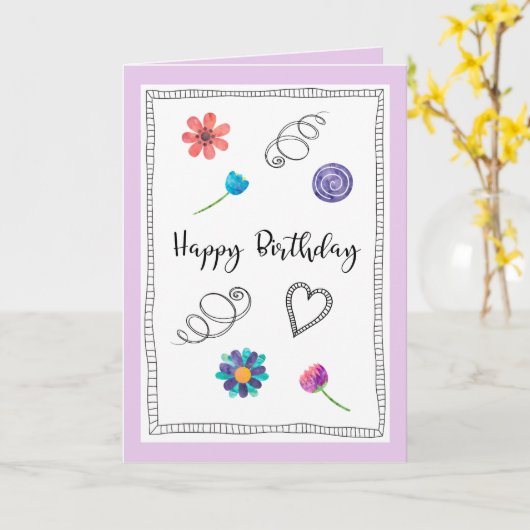 Happy Birthday Fun Flowers Swirlies Hartgroet Kaart (Gele Bloem)