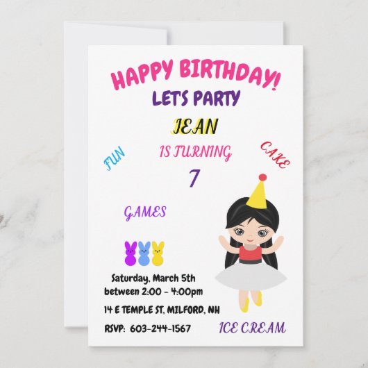 "Happy Birthday" Fun, Games, Cake, ijs, Inv Kaart (Voorkant)