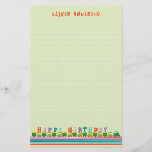 Happy Birthday Fun Green Train Kinder Dank je Briefpapier (Voorkant)