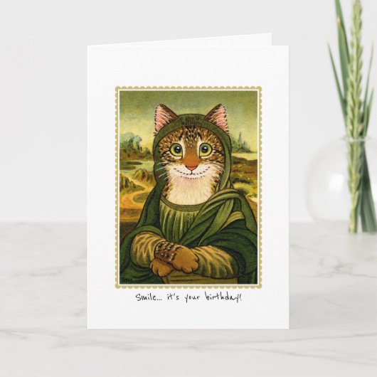 Happy Birthday Fun Mona Lisa Cat Custom Kaart (Voorkant)