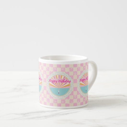 Happy Birthday Fun Mug, Cute Pink Rainbow Espresso Kop (Voorkant rechts)