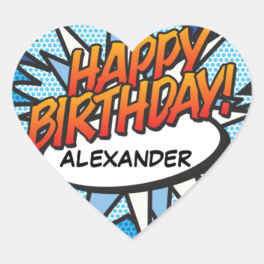 HAPPY BIRTHDAY Fun Retro Comic Book Hart Sticker (Voorkant)